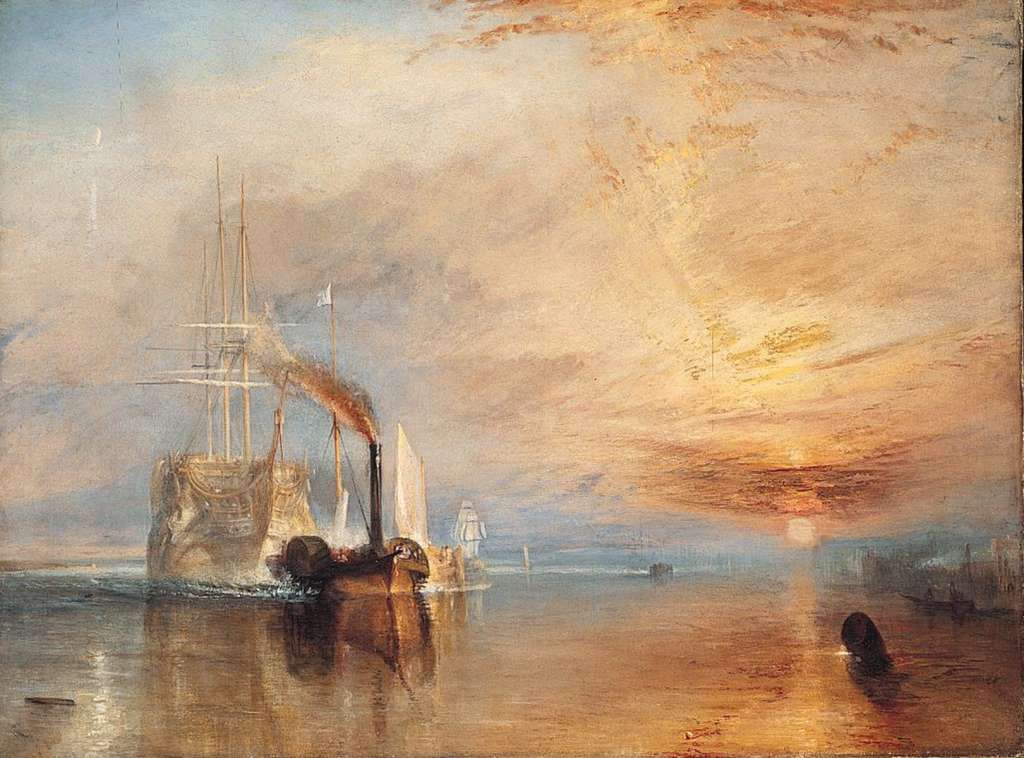 London National Gallery Top 20 13 JMW Turner - The fighting Temeraire JMW Turner - The Fighting Temeraire, 1838, 91 x 122 cm. This painting was voted #1 in the 2005 BBC Greatest Painting in Britain Poll. Although Turner painted many years before the Impressionists, I consider him the true first Impressionist. The Temeraire was a famous ship that had helped Nelson's victory at the Battle of Trafalgar in 1805. The painting shows the ship as she makes her last voyage before being broken up for salvage. Turners brilliant sunset bathes her in light, celebrating her glorious victory. The golden sky contrasts with the dark, modern tug that pulls the majestic old ship to her deathbed. The painting, which Turner called his favourite, is also regarded as a reflection by the artist on his own age and death.